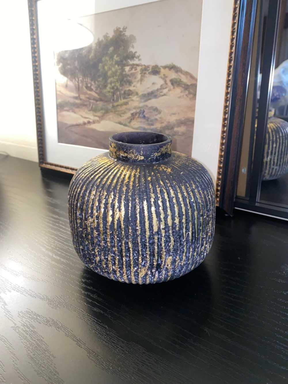 Textured Navy and Gold Decorative Ceramic Vase